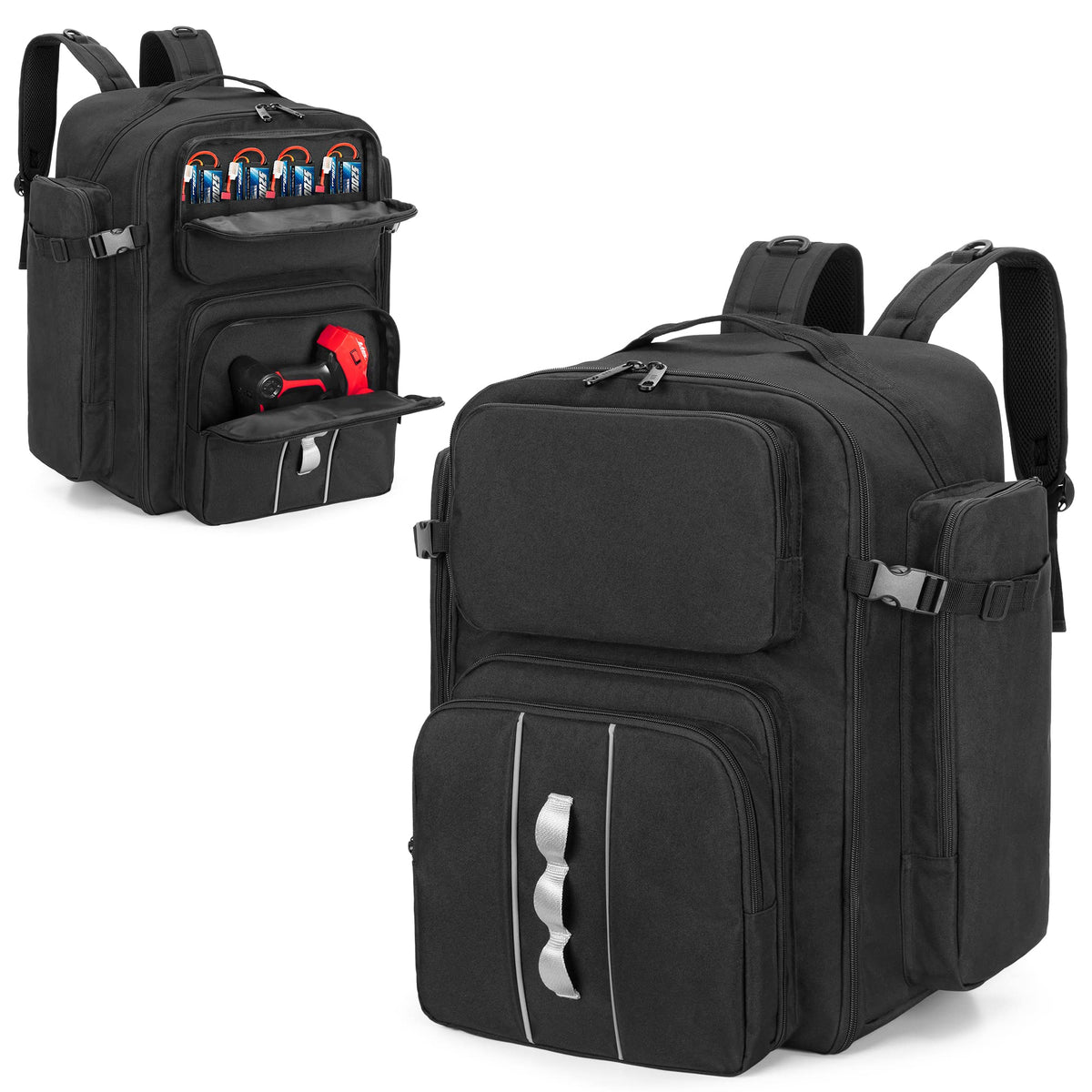 GOBUROS RC Backpack inner straps securing a 1/10 car for safe transport.