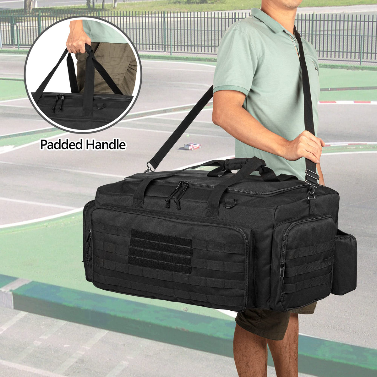 GOBUROS RC Car Bag clapboard base stabilizes components for safer carry.
