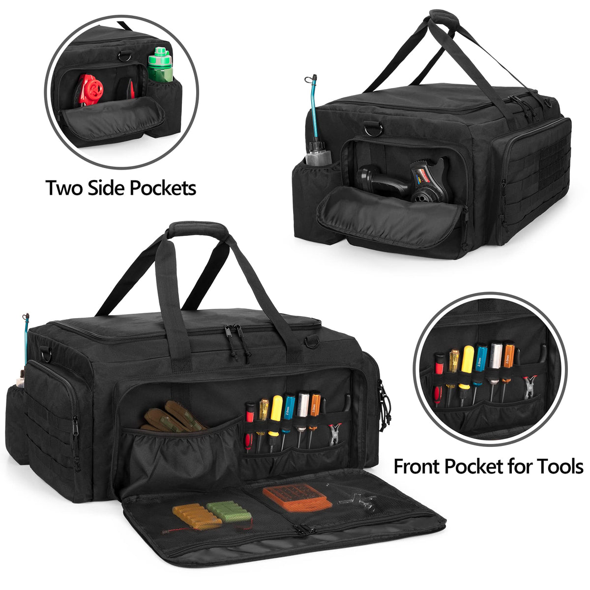 GOBUROS RC Car Bag side pockets hold tires and bottles securely during transport.