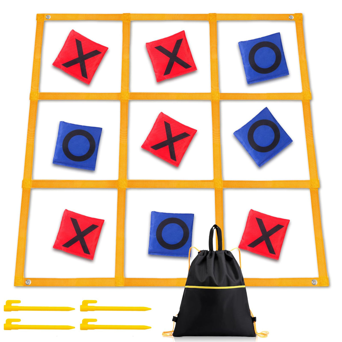 Gocasmus giant tic tac toe board set up in a sunny outdoor yard for family fun.