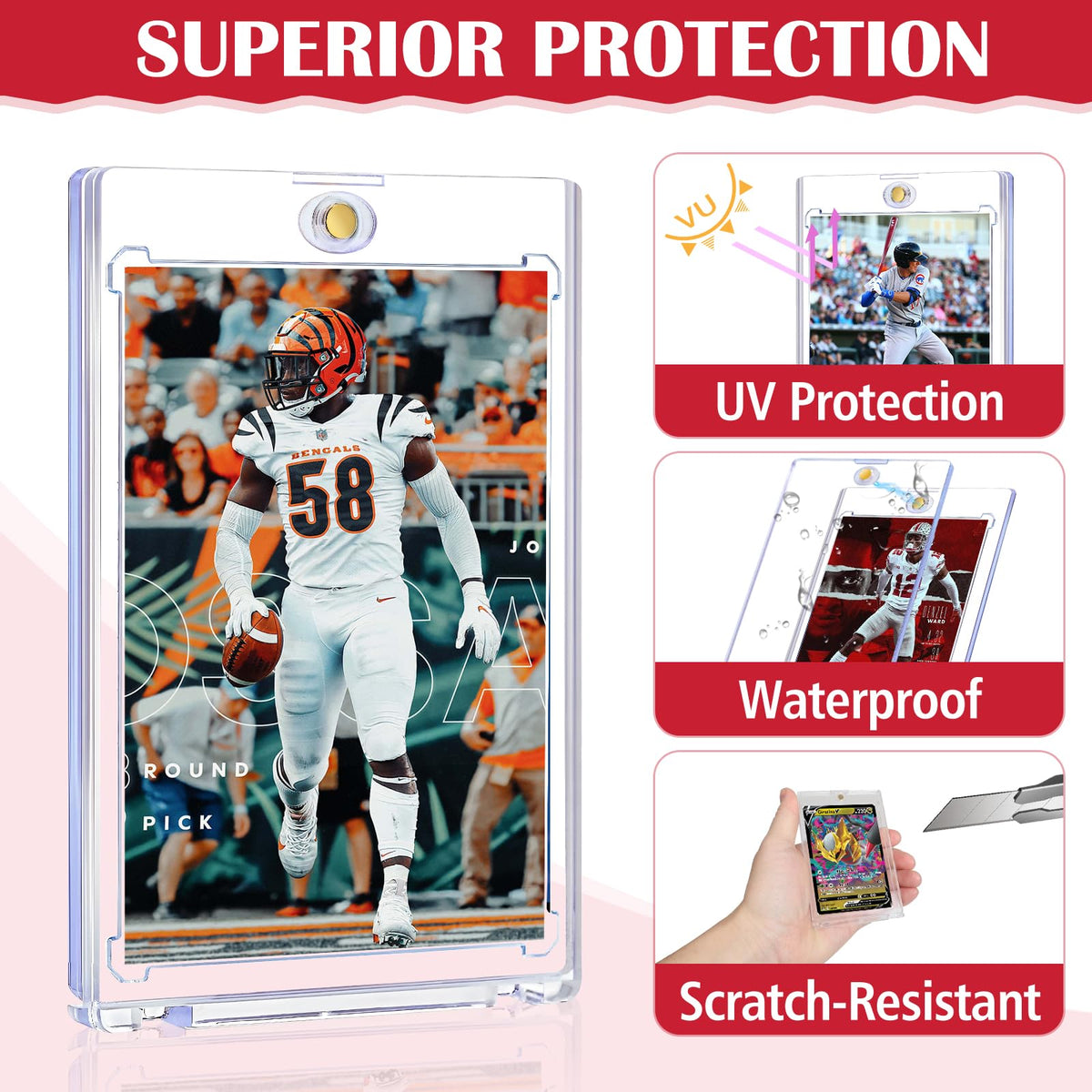 Clear acrylic construction highlights card colors while protecting them