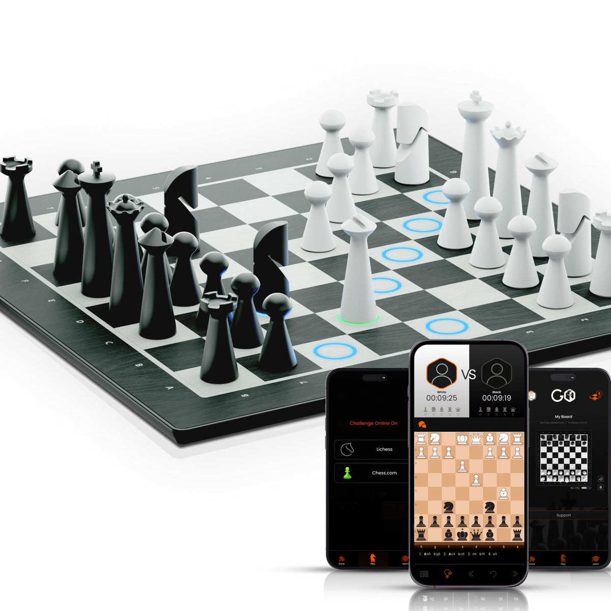 GoChess Mini board with pieces on a desk, ideal for learning anywhere.