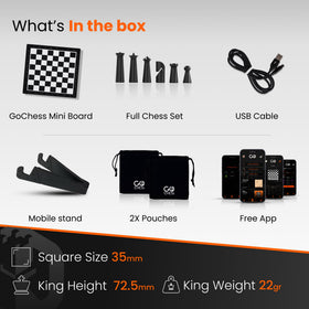 GoChess Mini box contents include board, pieces, pouches, stand, USB cable.