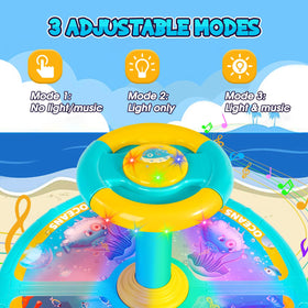 GODELAIF Sit and Spin LED lights image emphasizes sensory lights and music options.
