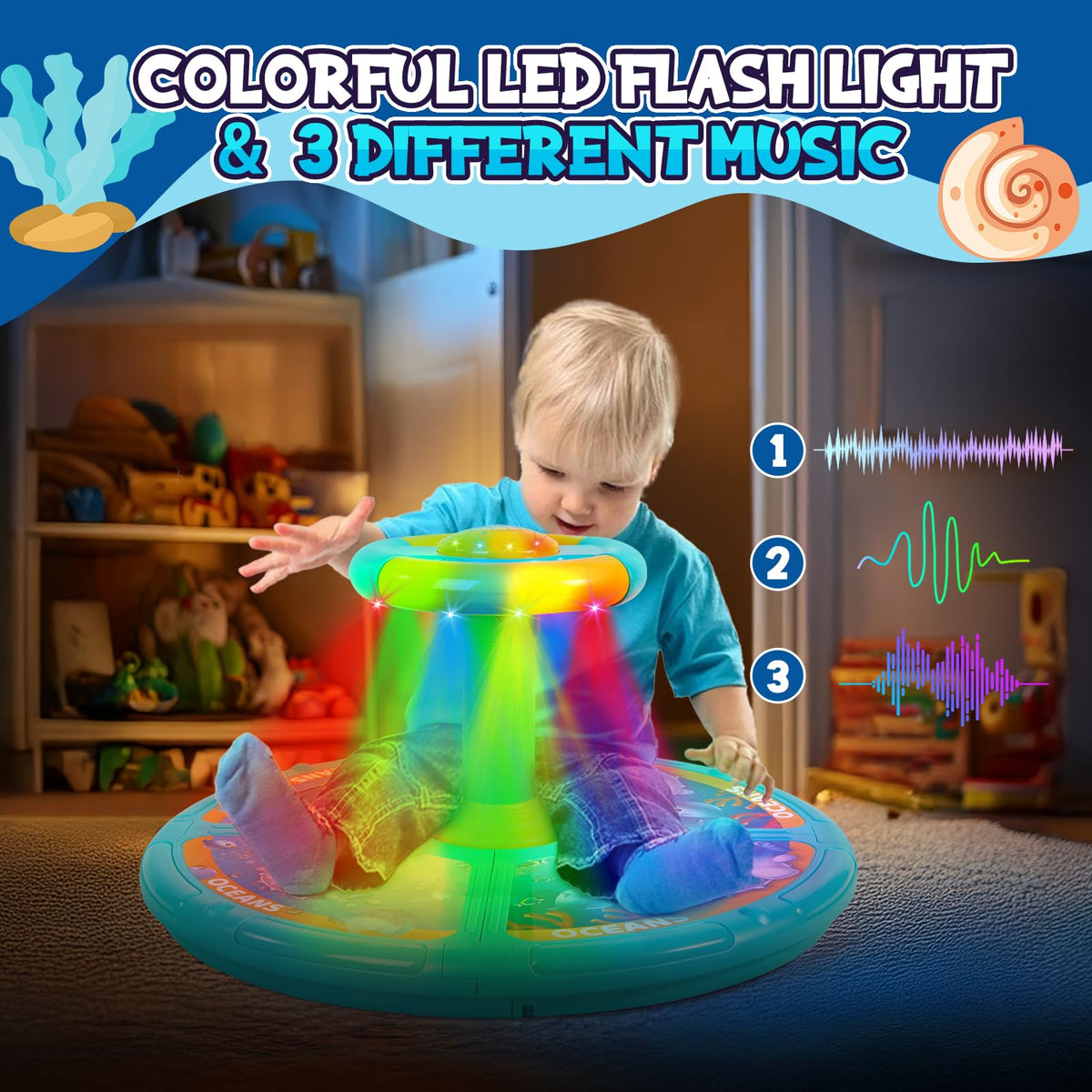 GODELAIF Sit and Spin music button showcases easy control of sounds and lights.