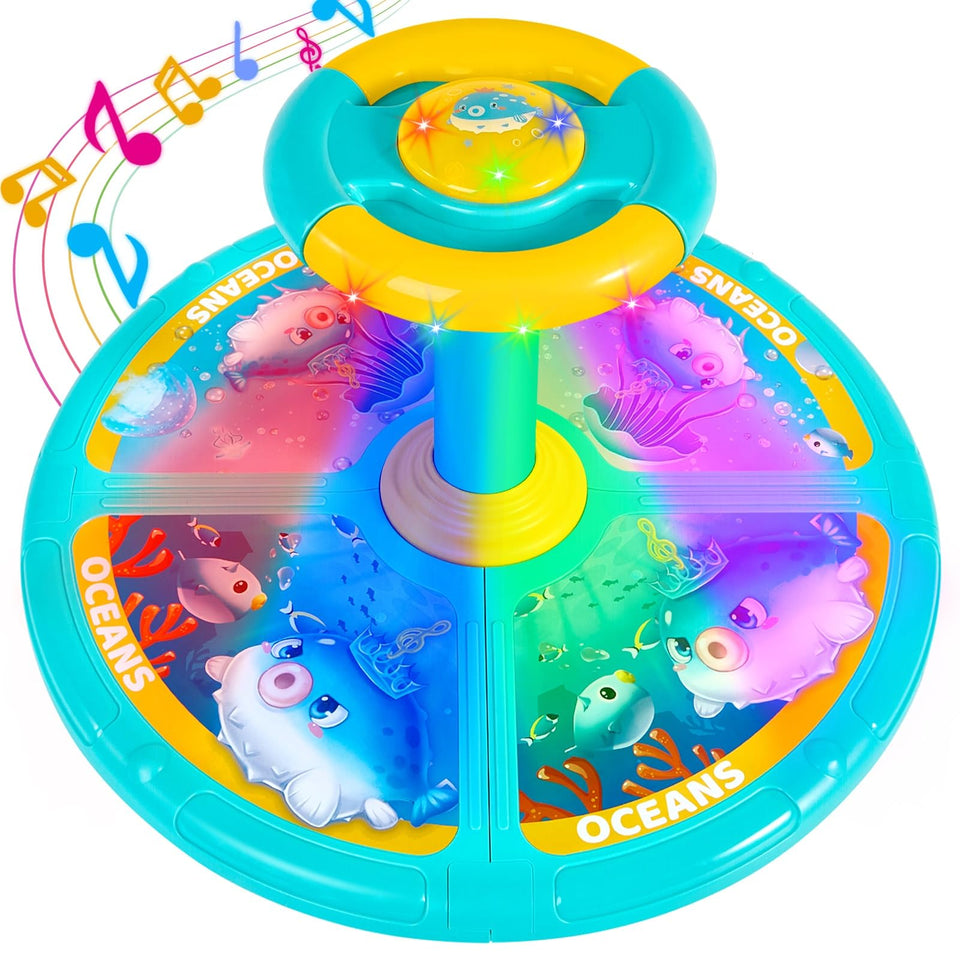 GODELAIF Sit and Spin ocean front view shows sturdy design for safe toddler play.