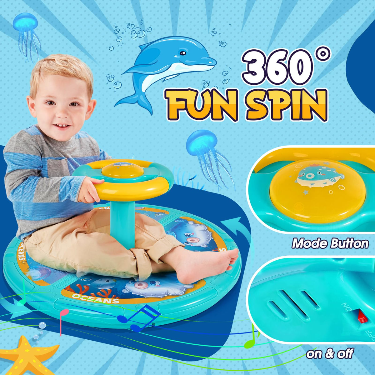GODELAIF Sit and Spin ocean side view highlights stable base for balance and coordination.