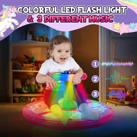 GODELAIF Unicorn Sit and Spin LED lights create vibrant sensory cues during play