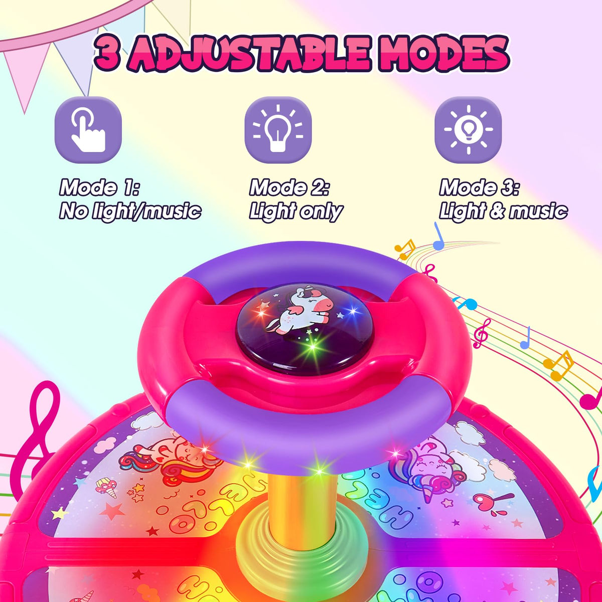 GODELAIF Unicorn Sit and Spin music modes add playful sounds for joyful sessions