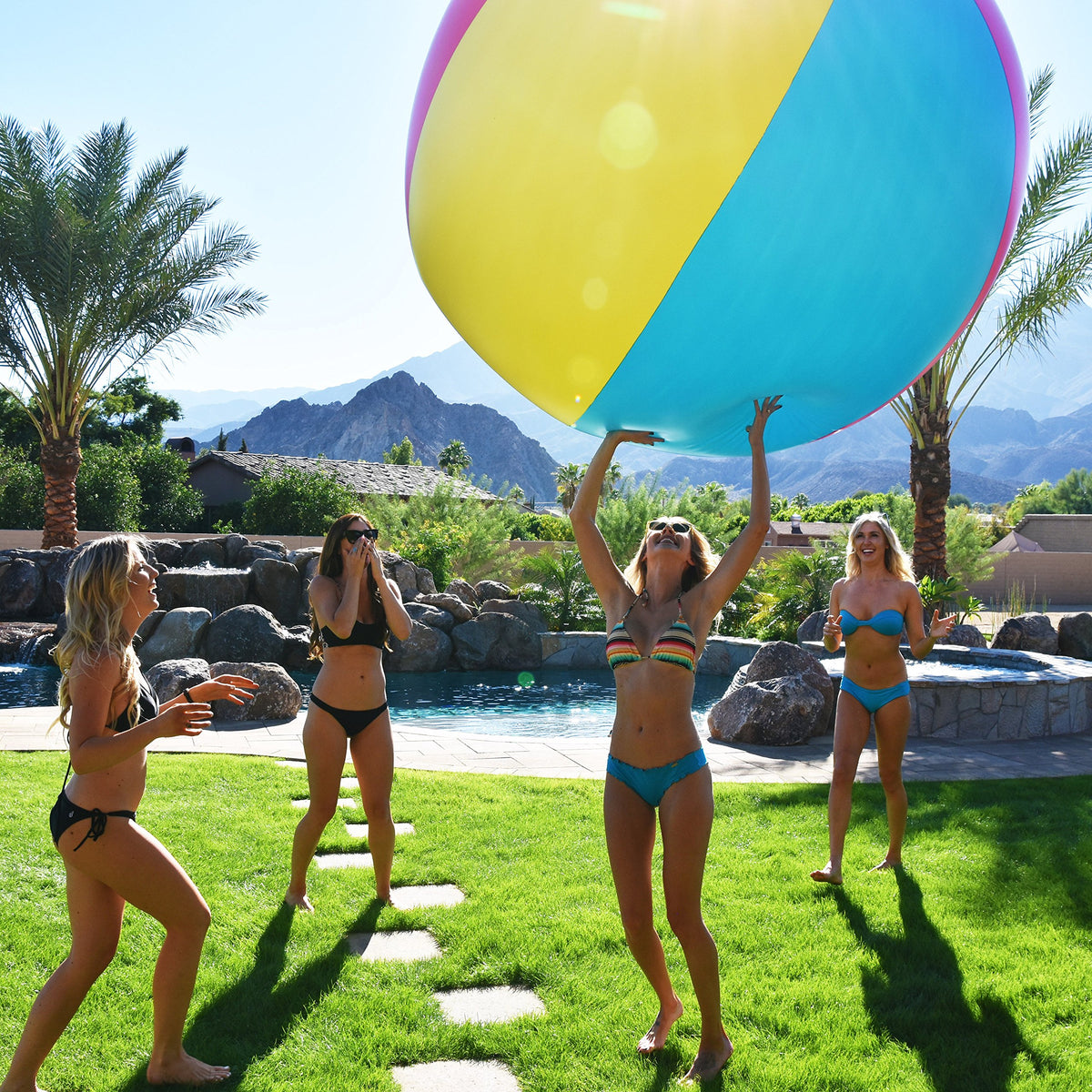 GoFloats 6ft beach ball inflation process with rapid valve.