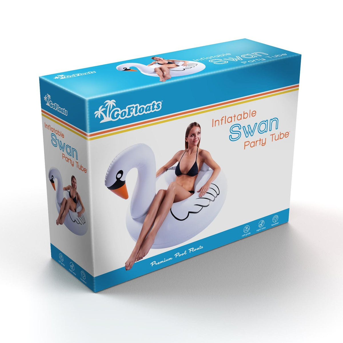 GoFloats Swan Party Tube assembly, simple inflation setup and storage