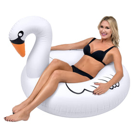 GoFloats Swan Party Tube in pool, a roomy 45-inch float for adults and kids