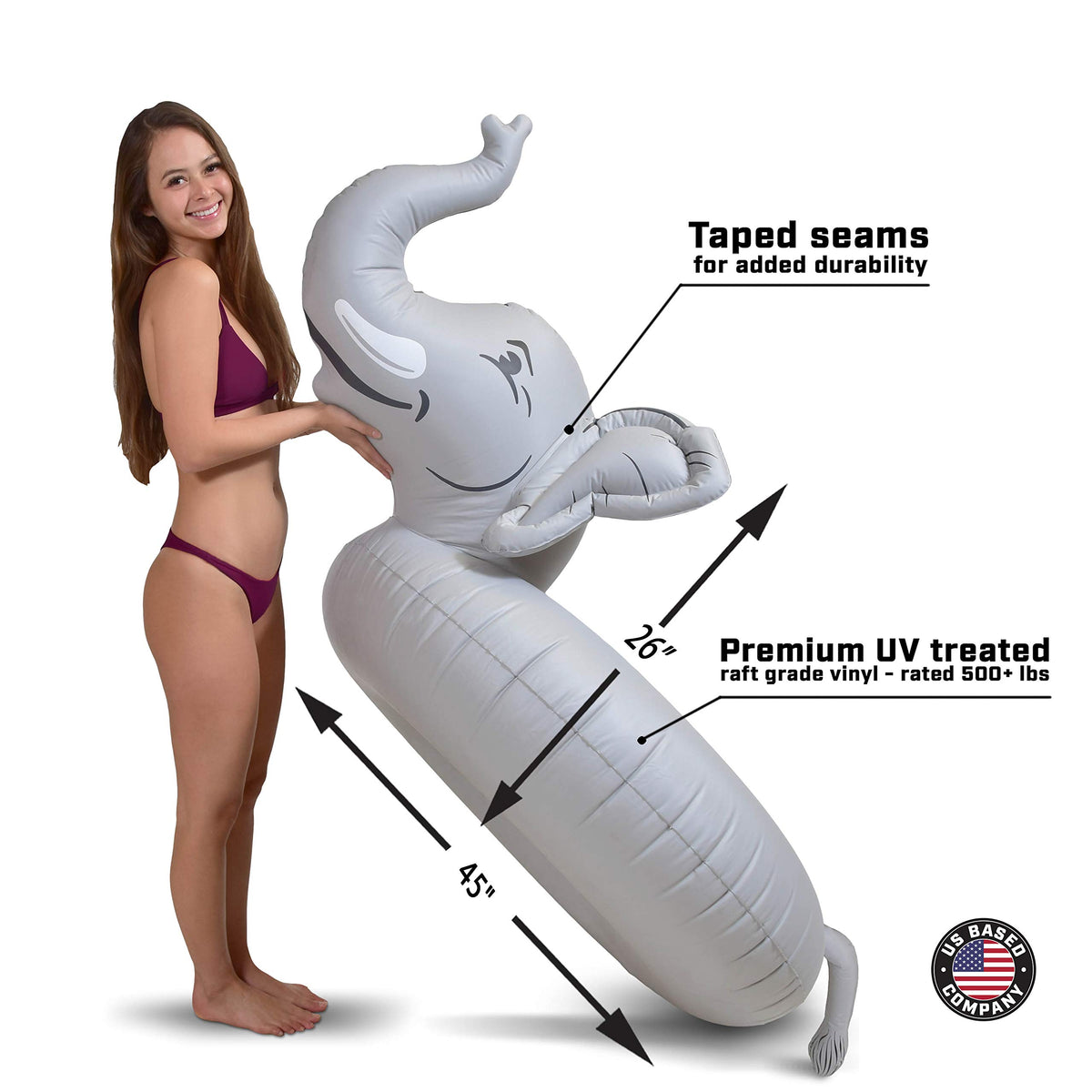 GoFloats Trunks Elephant Party Tube UV-treated vinyl close-up highlighting durability.