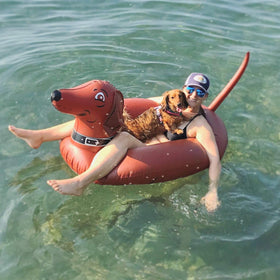 GoFloats Wiener Dog Party Tube in pool enables family fun and stable lounging