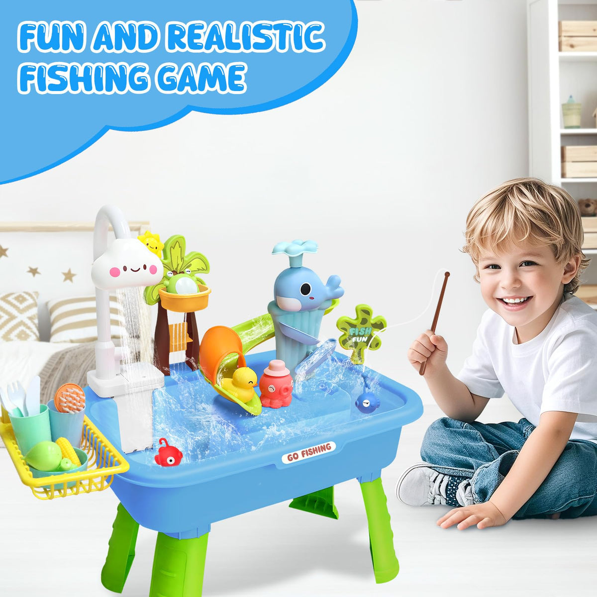 GoFujuco cups, utensils, and fruits enhance pretend meals and organization.