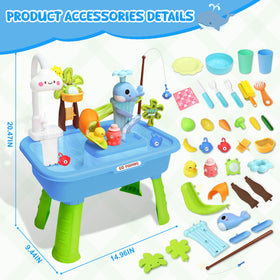 GoFujuco blue faucet table showing running water for realistic pretend kitchen fun.
