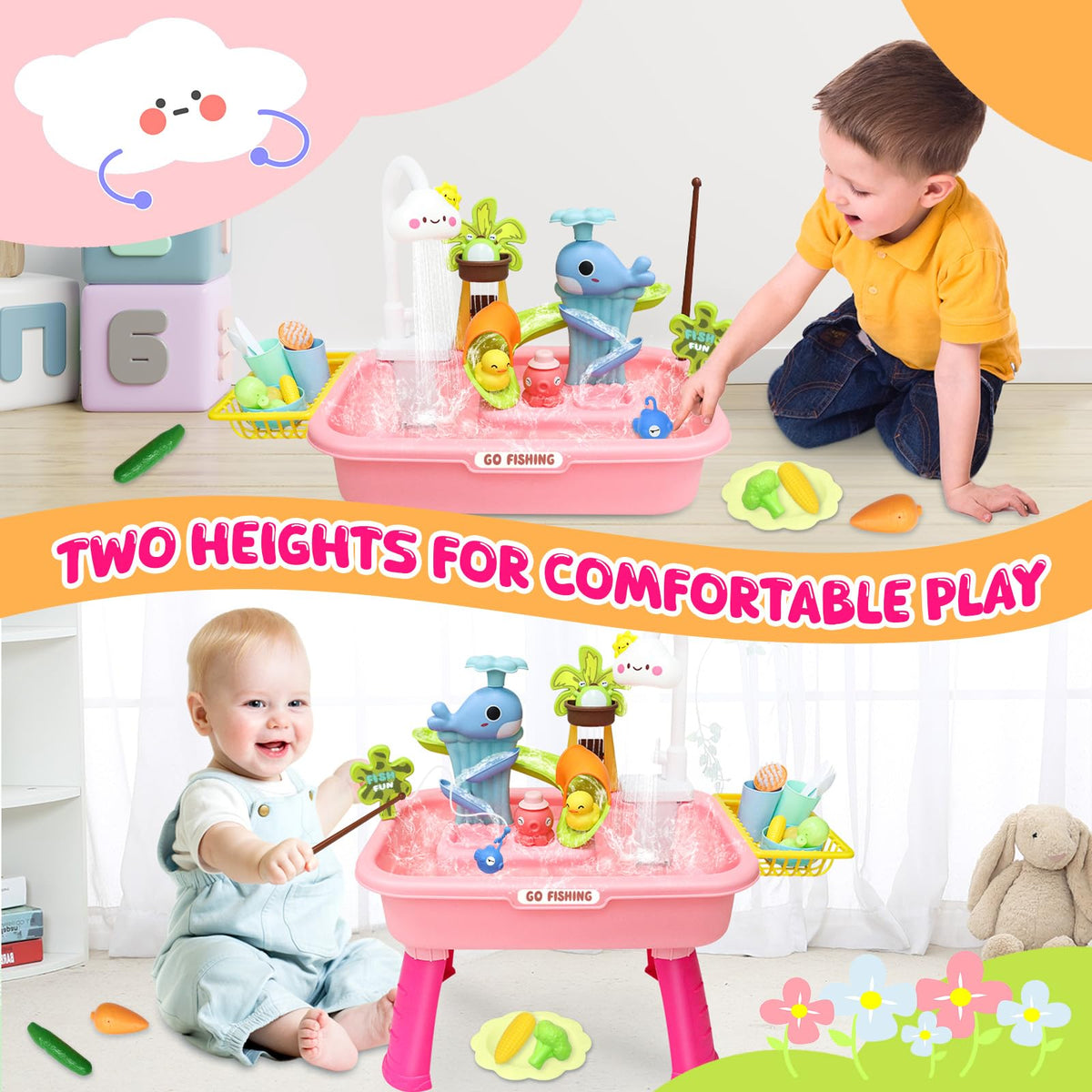 GoFujuco fishing game accessories include rod, sea creatures, cups, and fruits for creative play