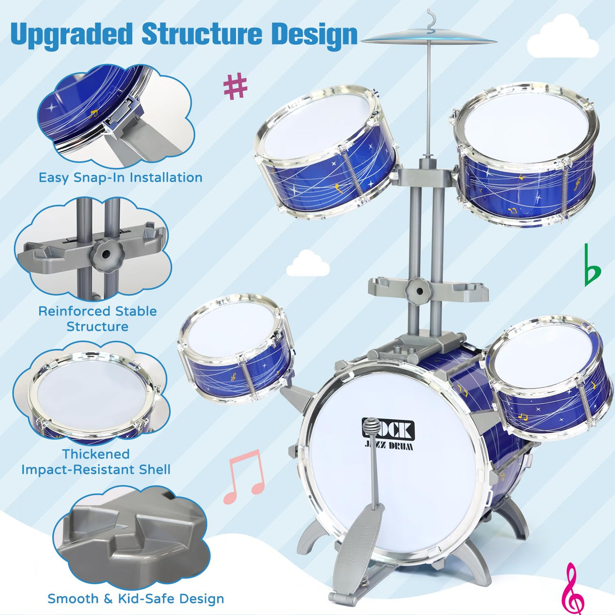 GoFujuco drum set includes bass pedal for authentic play and motor skill development.