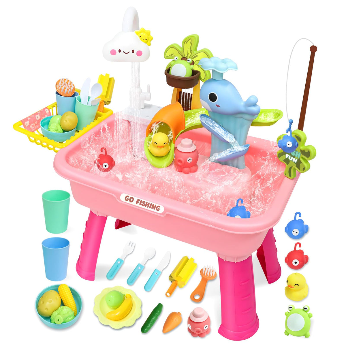 GoFujuco water play table pink for toddlers, ideal for splashy outdoor learning and imaginative play