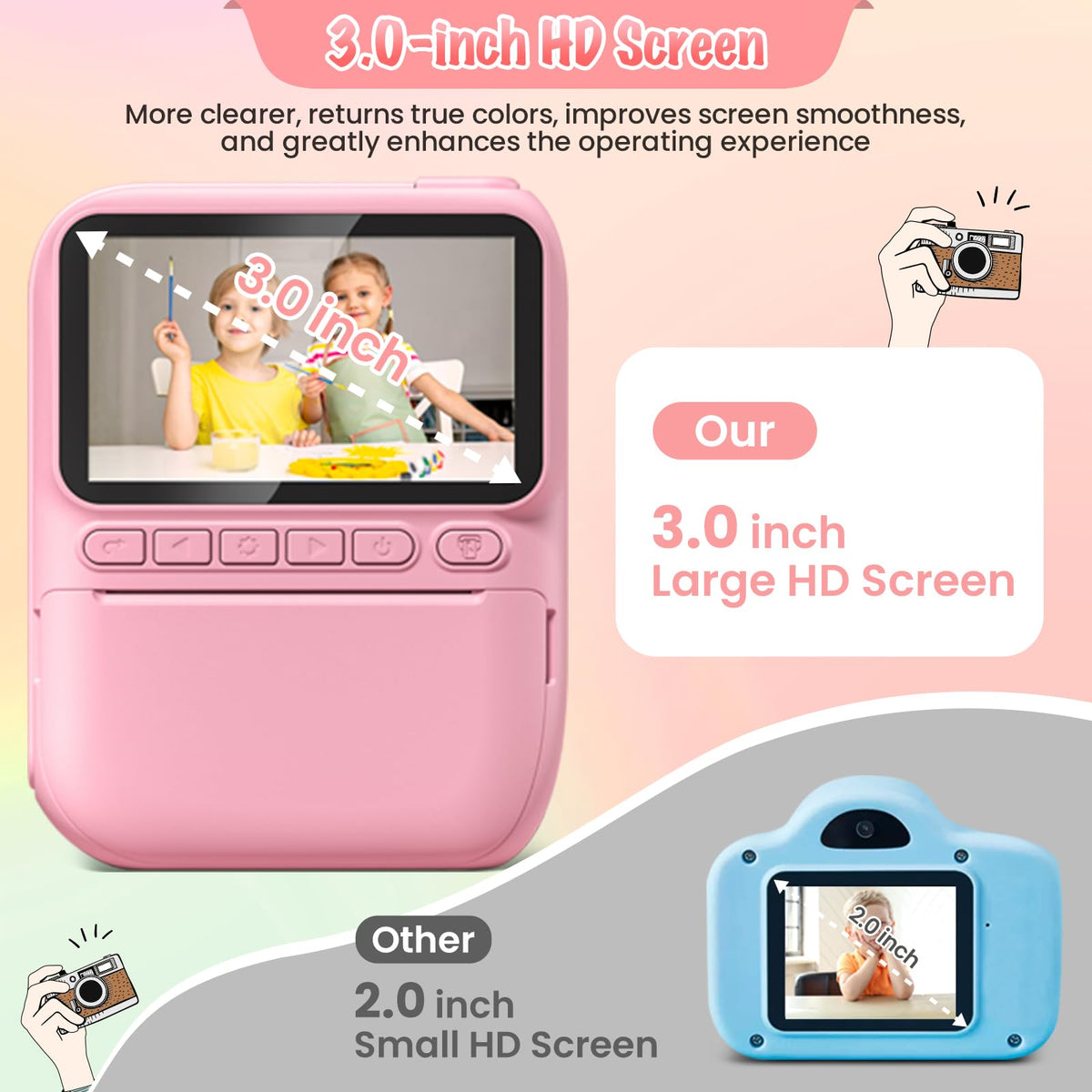 Gofunly 3-inch IPS screen provides bright, kid-friendly viewing.