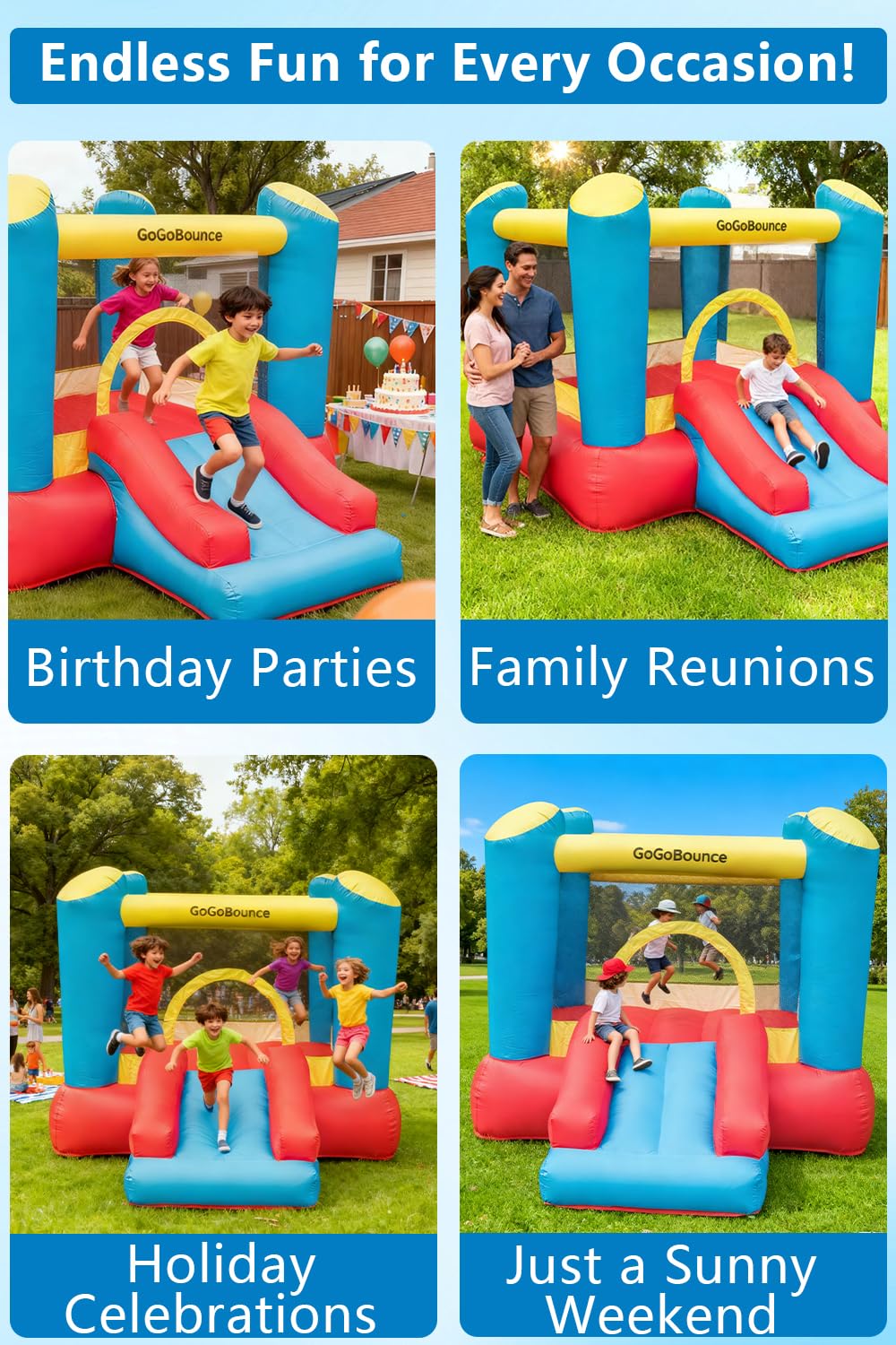 GoGoBounce indoor outdoor use adapts to yards, basements, and event venues.