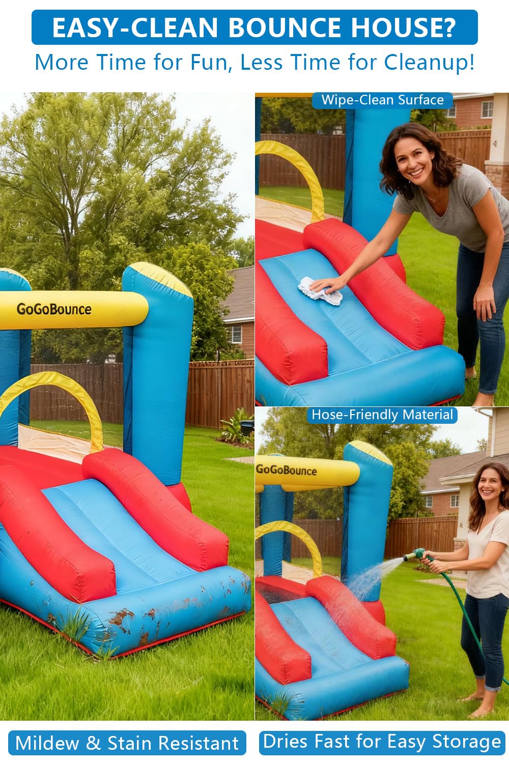 GoGoBounce durable Oxford fabric for indoor/outdoor use and long-lasting fun.