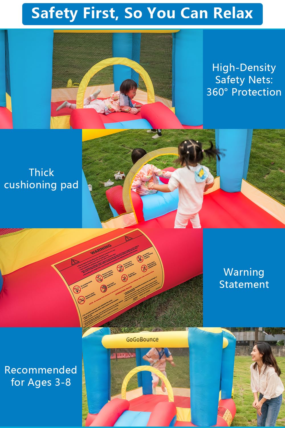 GoGoBounce integrated slide adds thrills with safe climbs and drops.