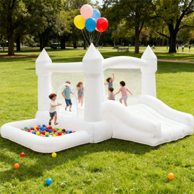 GoGoBounce white bounce house with slide for backyard fun and safe jumping