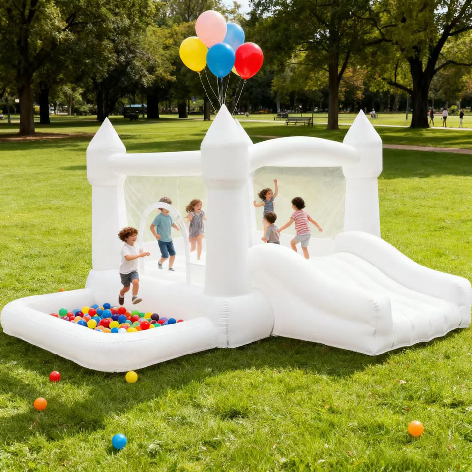 GoGoBounce white bounce house with slide for backyard fun and safe jumping