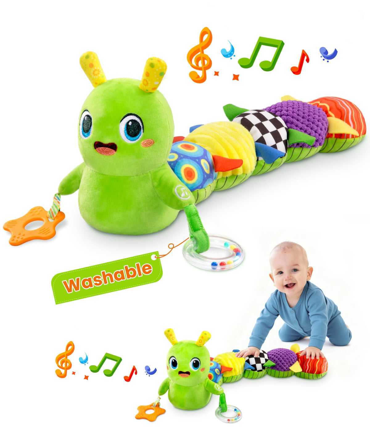GoGonova baby caterpillar green washable toy for drool and teething