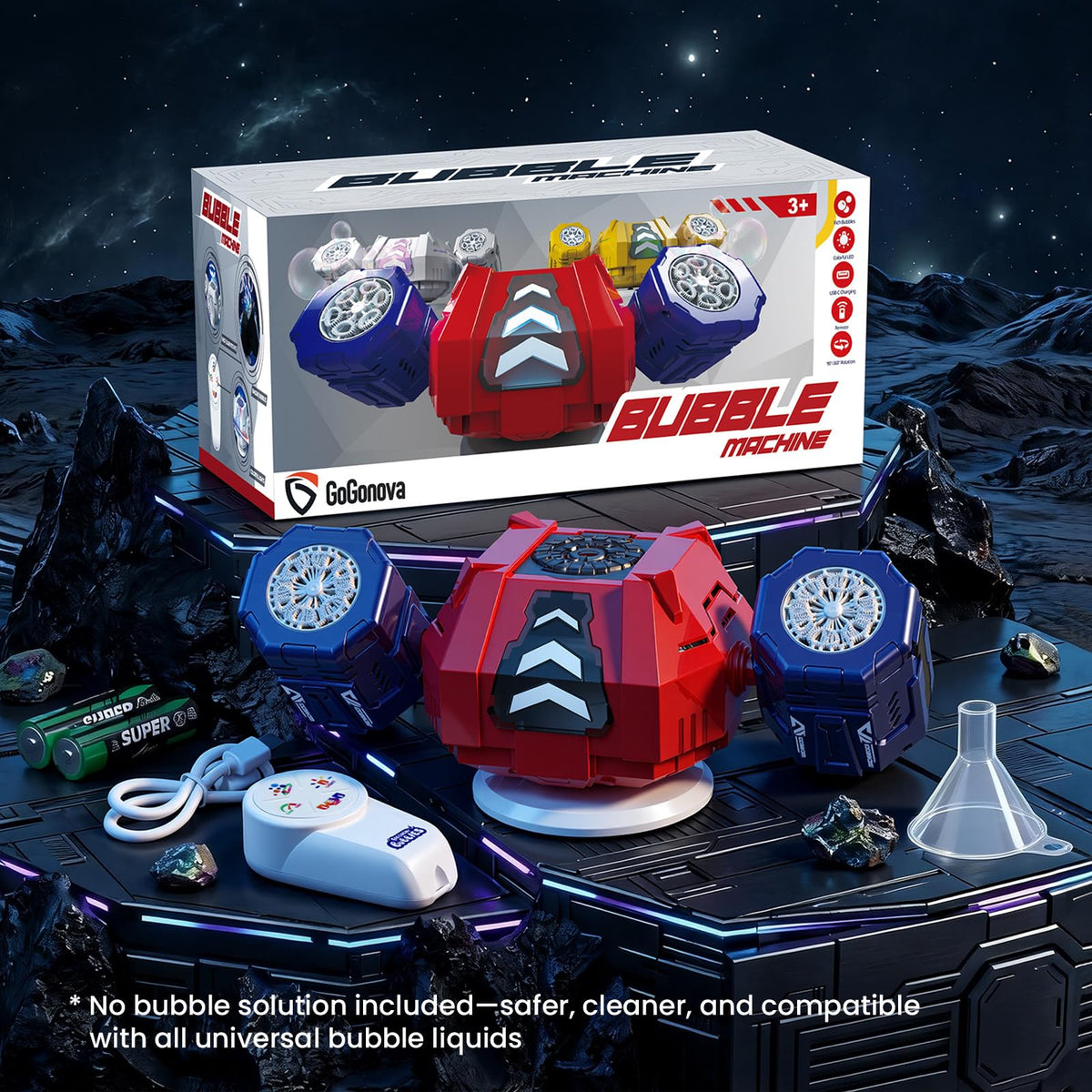 GoGonova bubble machine seven color RGB lights for vivid ambience.