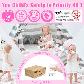 GOGOSO 100 pit balls made of soft non-toxic material, safe for toddlers.