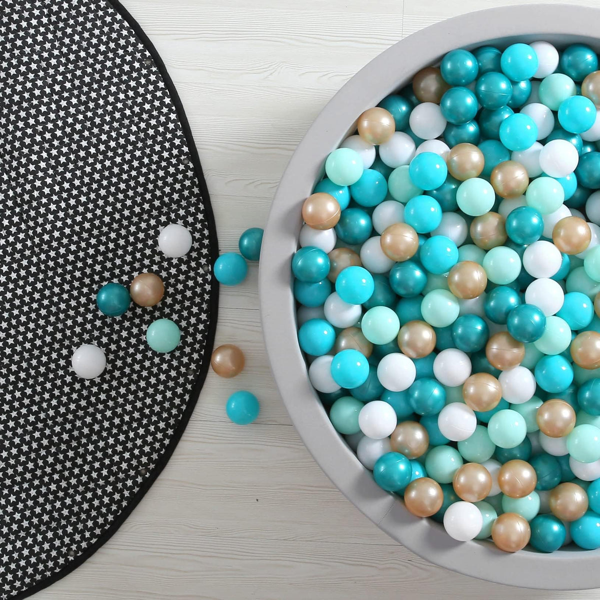 GOGOSO pastel-green-white-gold ball pit balls for safe toddler play.