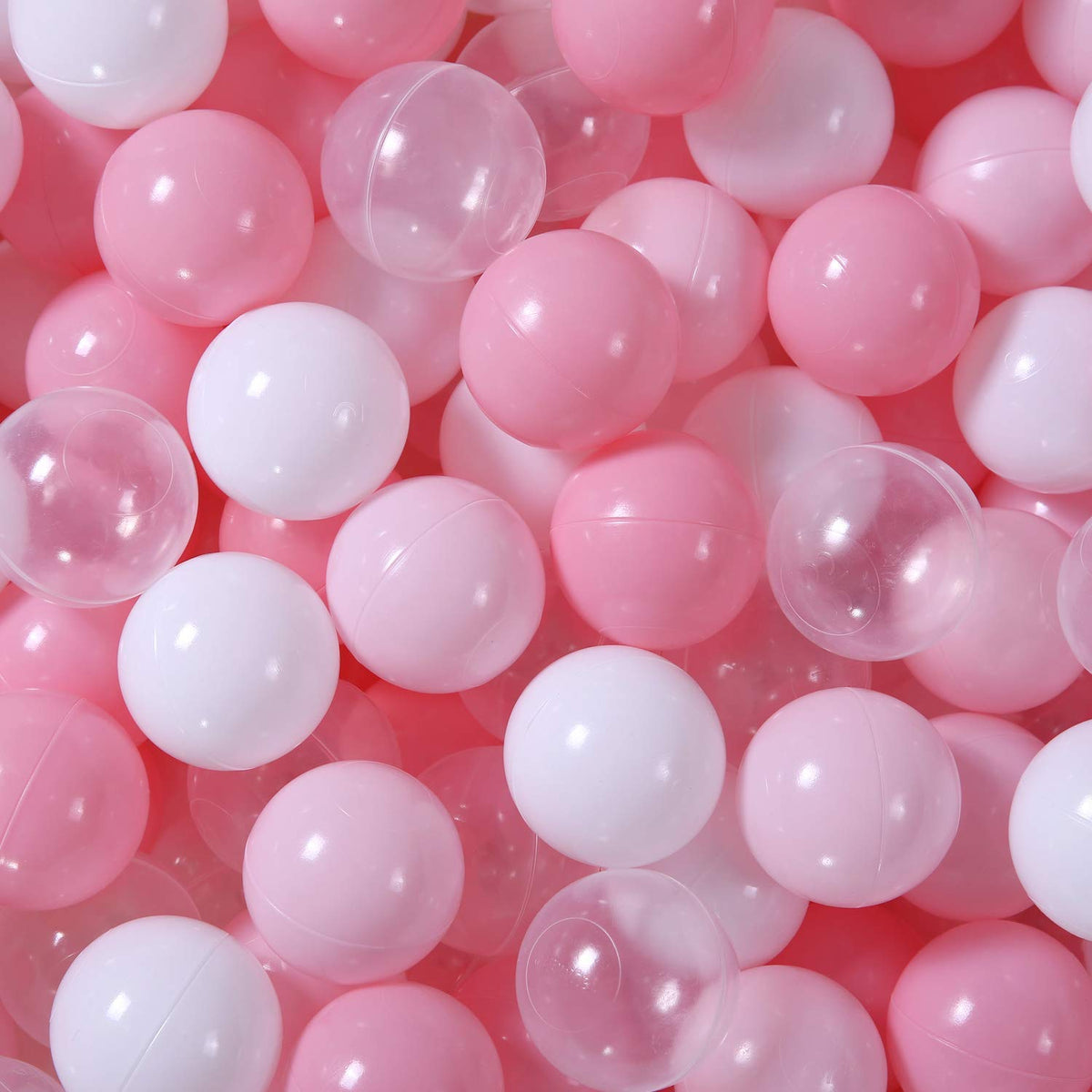 GOGOSO ball pit balls in pink, white, and clear; 200 soft pieces ideal for toddler playtime.