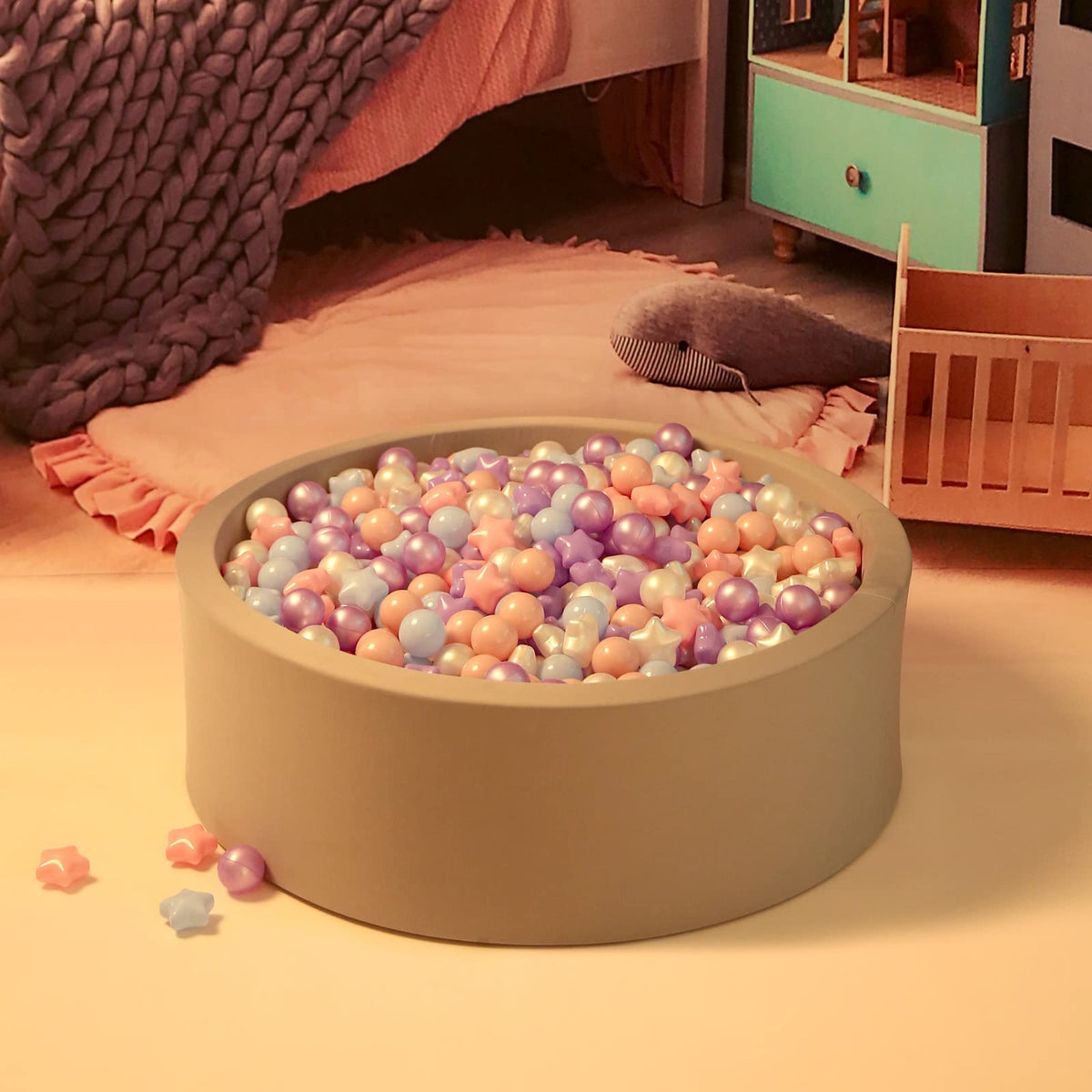 GOGOSO ball pit balls stored neatly in a bin.