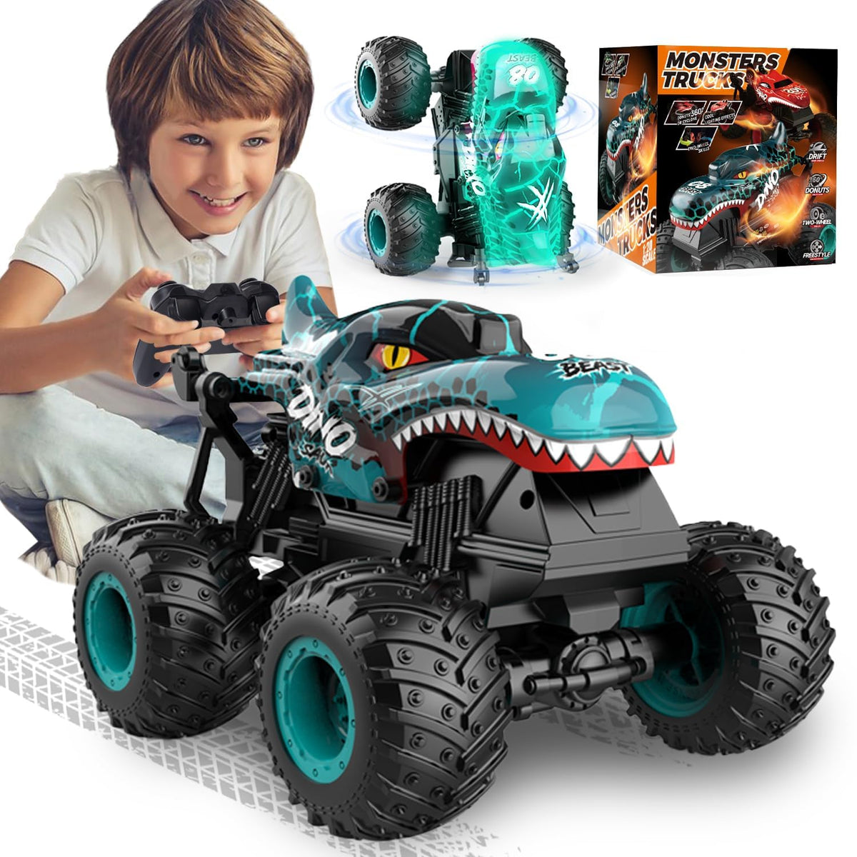 Gohero Monster Truck remote front view ready for action with bright lights