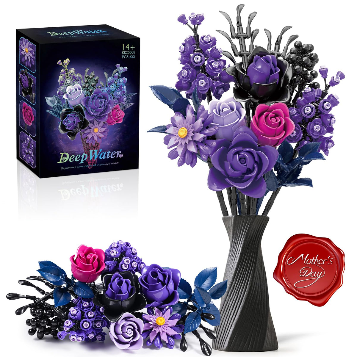Gohero Purple Roses Building Blocks Set 822pcs with lifelike, long-lasting blooms for gothic decor