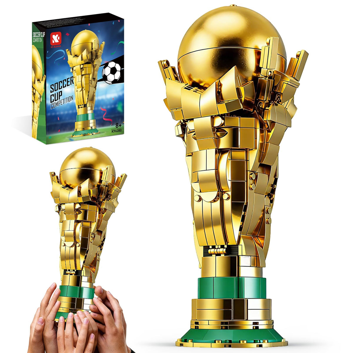Gohero soccer trophy building set shows assembly with a gleaming gold finish for a striking display.
