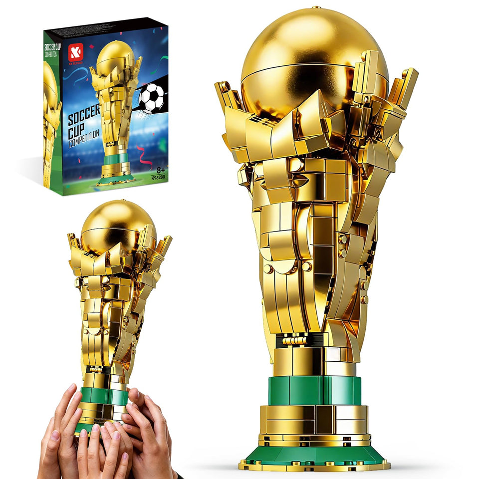 Gohero soccer trophy building set shows assembly with a gleaming gold finish for a striking display.