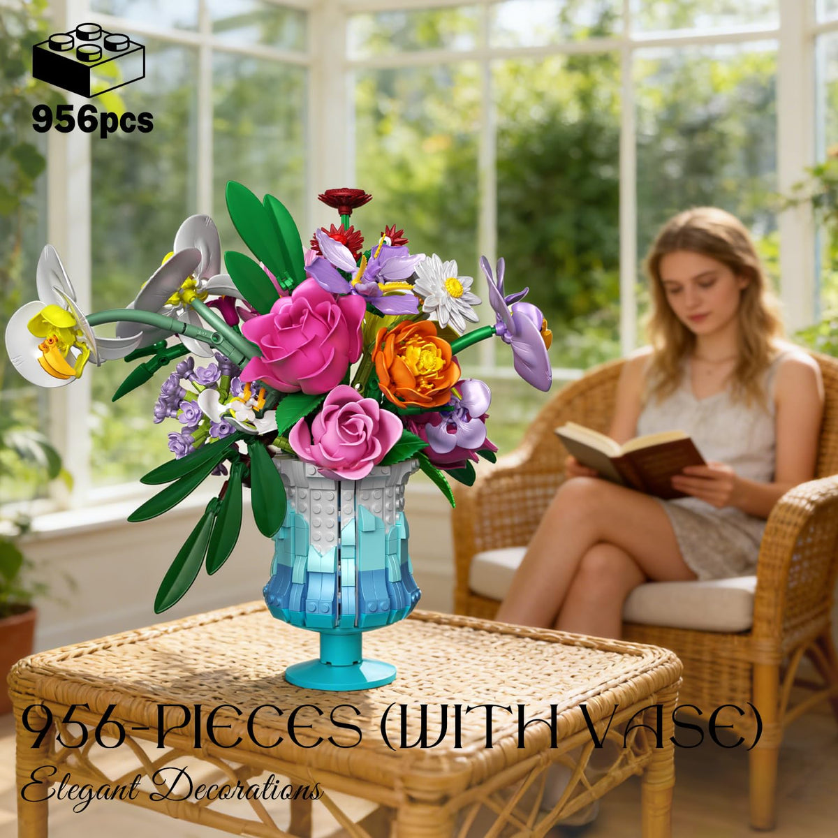 Assembled Gohero flowers create a vibrant bouquet from blocks.