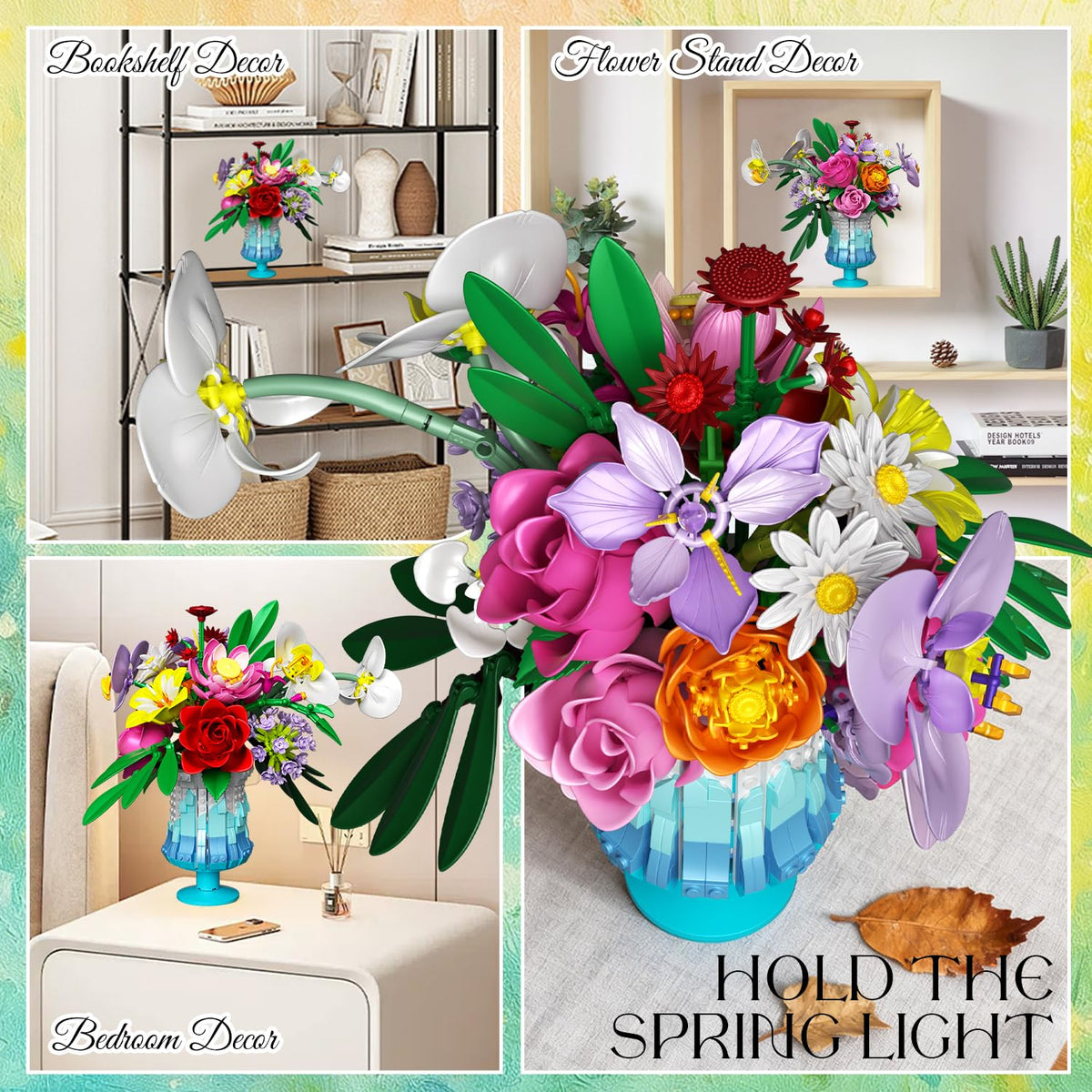 Close-up of gradient blue vase with Gohero flower arrangement.