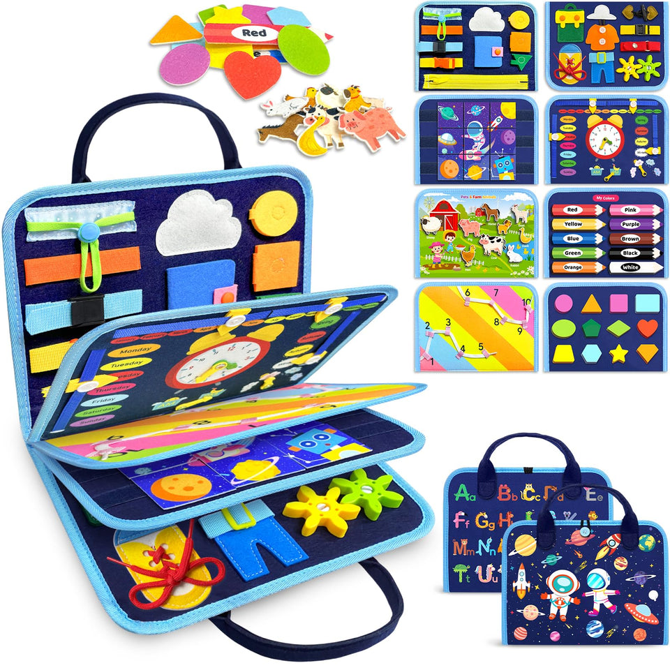 Gojmzo Busy Board 8-page activity board for toddlers promotes fine motor skills.