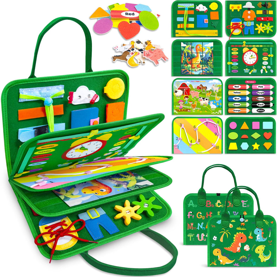 Gojmzo Busy Board 8 pages promotes early learning through hands-on activities.