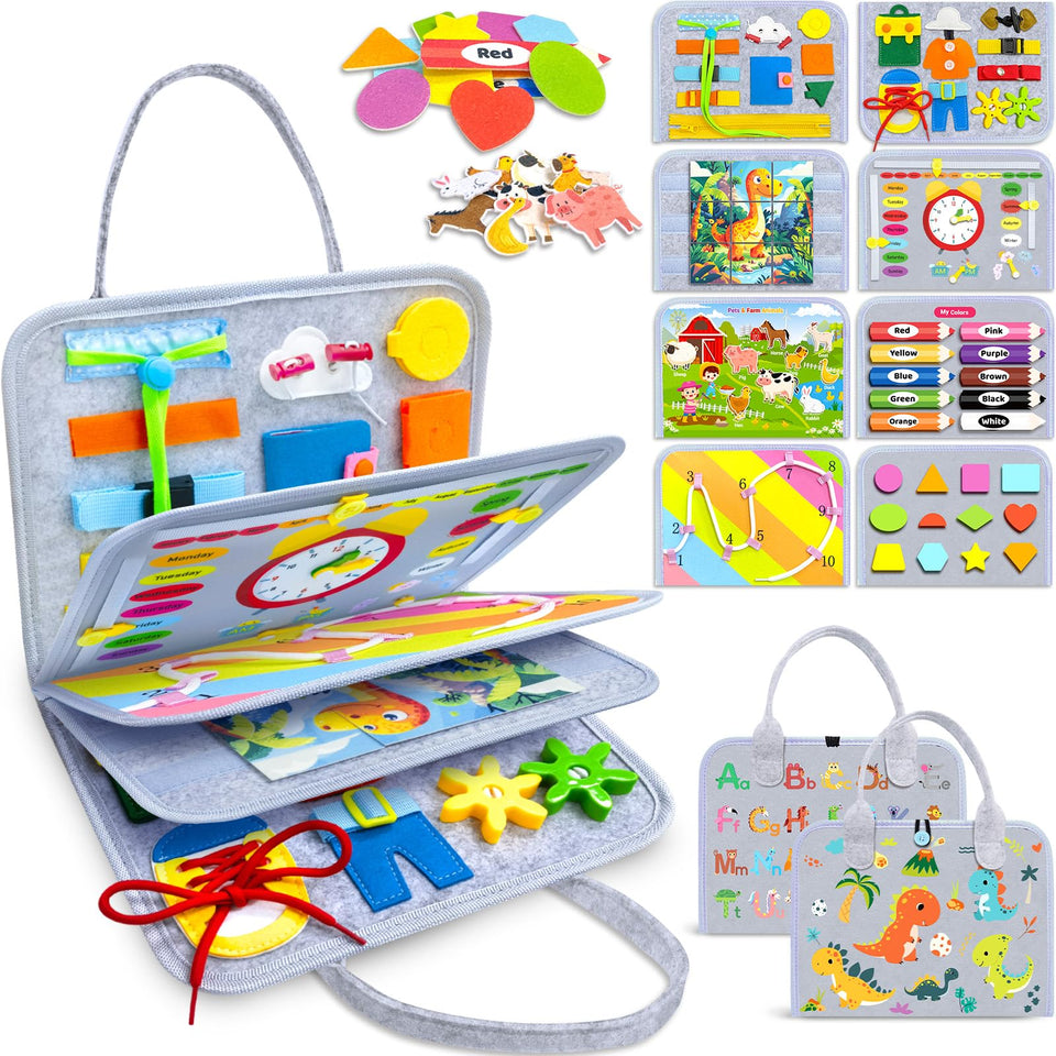 Gojmzo Busy Board with 8 pages boosts fine motor skills through varied play