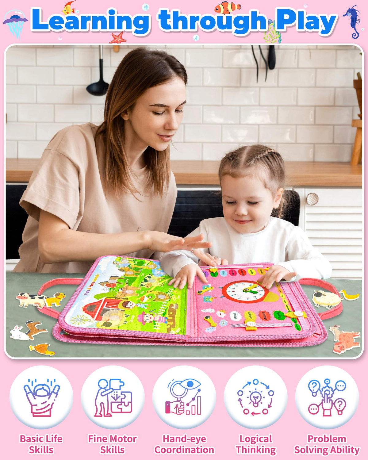 Gojmzo Busy Board alphabet learning aids letter recognition in a fun way.