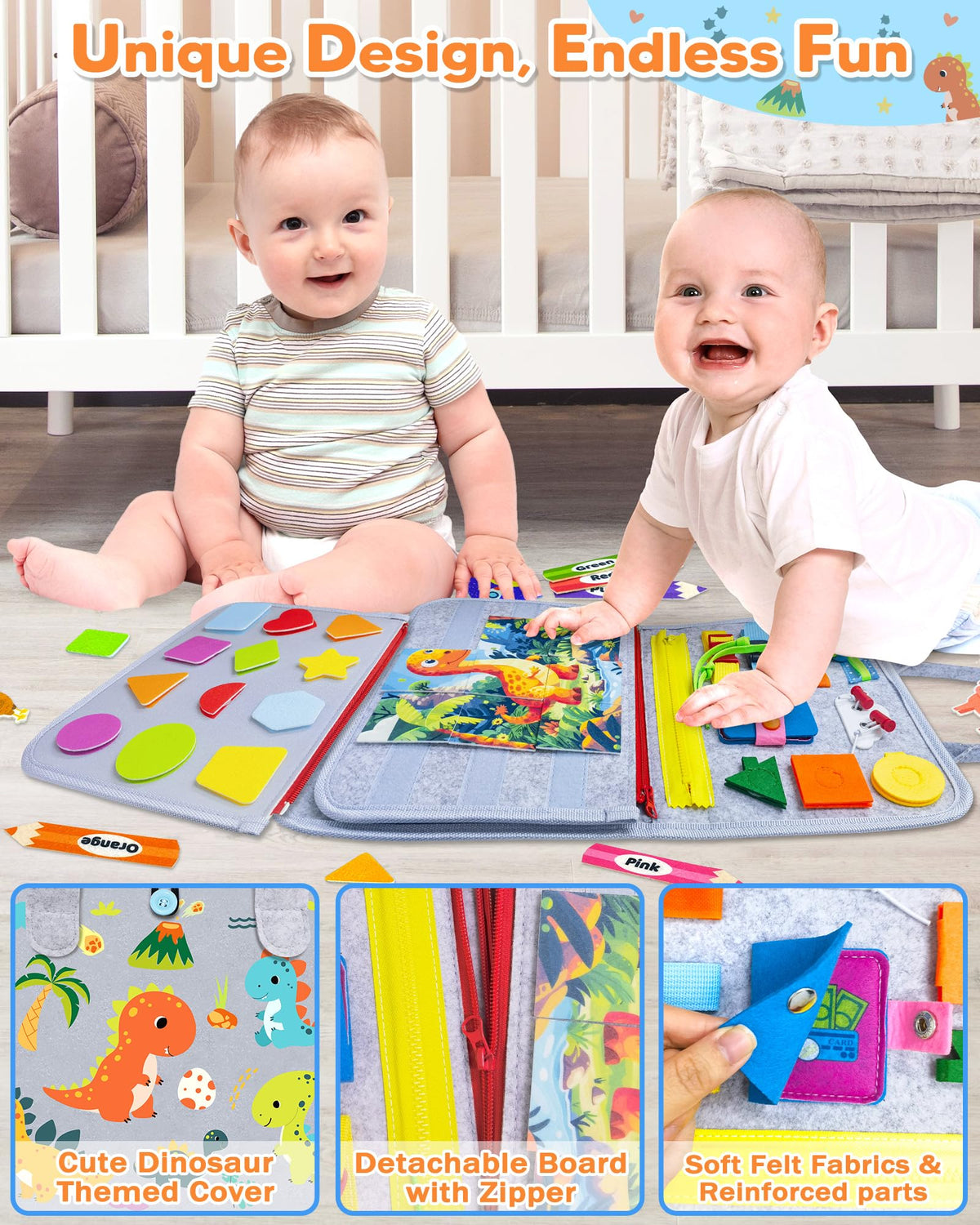 Gojmzo Busy Board alphabet and shapes section supports early learning