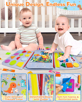 Gojmzo Busy Board alphabet and shapes section supports early learning