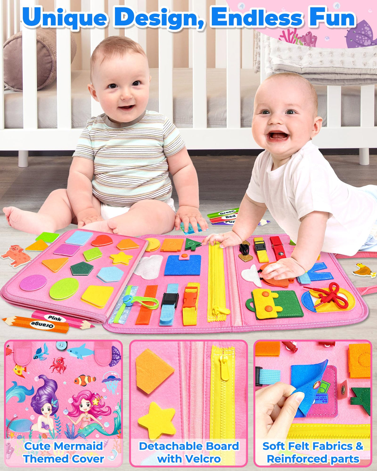 Gojmzo Busy Board button activity encourages practical dressing skills.