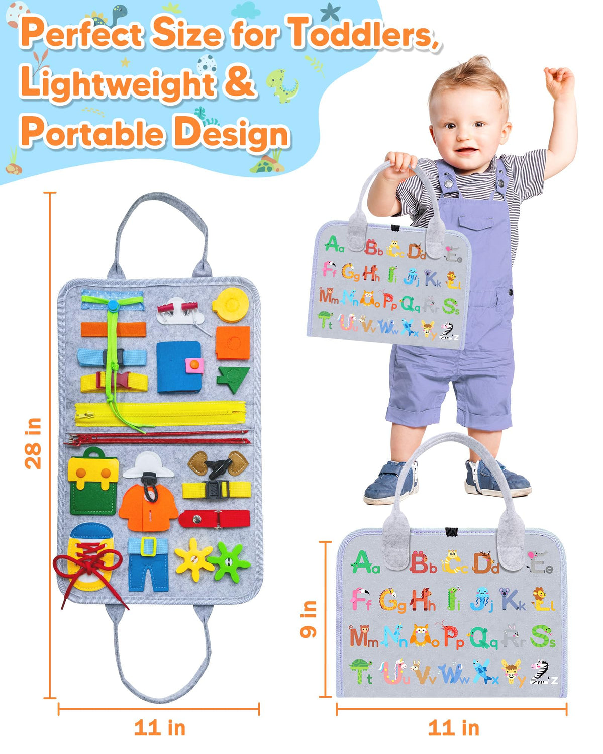 Gojmzo Busy Board is portable for travel and quiet play on trips