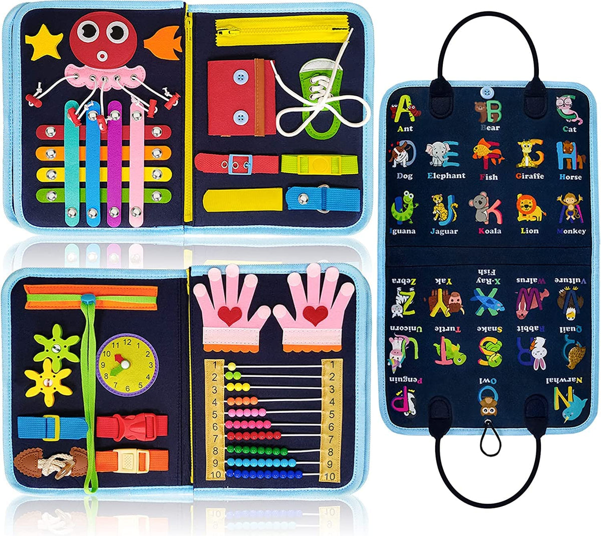 Gojmzo Busy Board front cover alphabet - stimulates letter recognition through tactile play